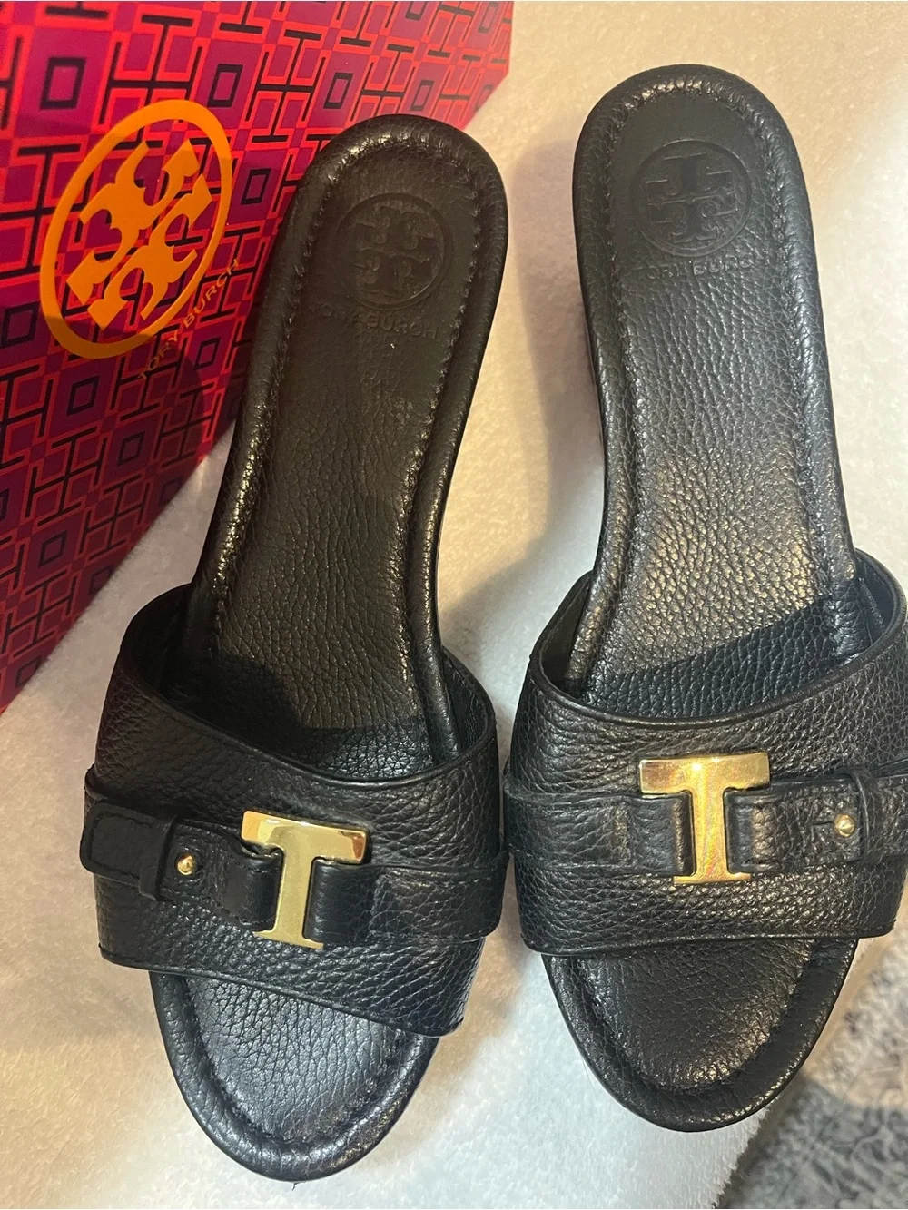 Tory Burch Elina Black Leather Slide Sandals - Size 9